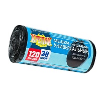 Мешки для мусора 120 л, с ушками, черные, в рулоне 30 шт., ПНД, 15 мкм, 1100х700 мм, Крепак, 4607075710375 в Великом Новгороде